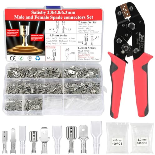 Set di pinze crimpatrici piatte 0,5 – 2,5 mm², set di capicorda con 210 pezzi 2,8/4,8/6,3 mm connettori piatti per cavi, pinza crimpatrice capicorda professionale, pinza a manicotto piatto