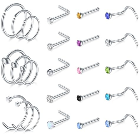 AVYRING Silber Nasenpiercing, Chirurgenstahl Nasenring Piercing Set, Nasenstecker mit Zirkonia für Frauen und Männer 22G 20G 18G