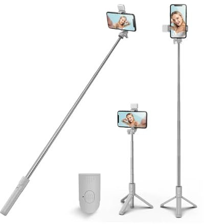 XIHAMA Selfie Stick Tripod with Fill Light - Stable Tripod Stand with Detachable Wireless Remote Compatible with iPhone 15 Pro Max/15 Plus/14/13, Samsung, LG, Google Smartphones (White+Light-1)