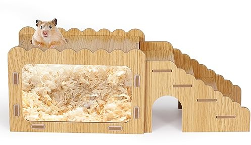 Hamster Graben Box, Sichtbarer Hamster Graben Raum mit Acryl Transparent Brett, Hamsterversteck und Erkundungshaus mit Kletterleiter, Hamster Graben Holz Spielzeug für Meerschweinchen Syrische Hamster