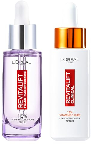 L'Oréal Paris - Coffret Routine Éclat & Hydratation - Revitalift Clinical Sérum Teint Lumineux à la Vitamine C + Revitalift Filler Sérum Anti-Rides à l'Acide Hyaluronique - 2x30ml