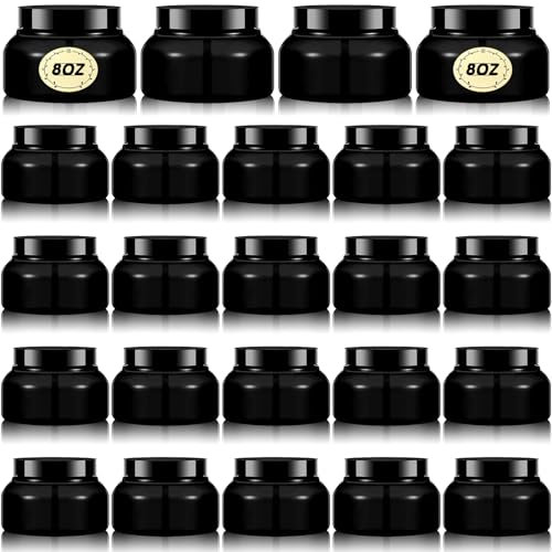 Tessco Lot de 24 bocaux en plastique avec couvercles et étiquettes - Ronds rechargeables - Récipients vides pour le corps, le beurre, le sucre, le gommage - Noir - 236,8 g
