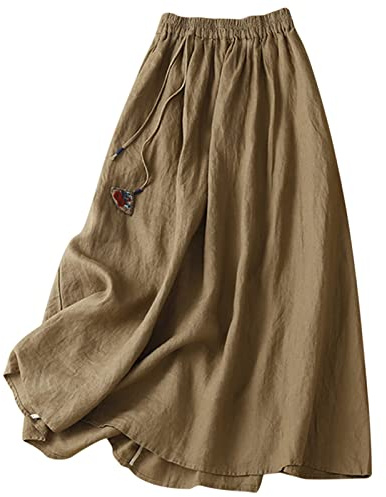 Jupe En Lin Femme ÉTé Mi-Longue Jupe éLéGante Taille Haute A-Line DéContractéE Ceinture éLastique Style Jupe Midi RéTro Ample LéGer Confortable Et Respirant ÉLéGant Beach Party