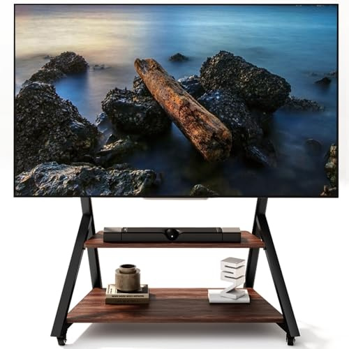 Support TV sur Pied à roulettes avec étagère en Bois pour téléviseurs de 50 à 100 Pouces, Chariot TV Noir Portable à Hauteur réglable, capacité de Charge maximale de 100 kg, VESA 800 × 600 mm.