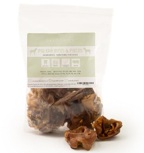 Dragonfly Products Inner Pigs Ear Bites for Dogs | 1kg (32-48 Pieces) | Natural, Healthy Grain Free Pork Chew | Small Hypoallergenic Pure Meat Crunchy Treats