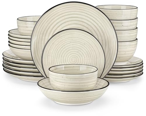 vancasso Bonbon Beige Dinner Set, 24 Pieces Dinner Sets for 6 People, Handpainted Swirls Plates and Bowls Set in Rustic Look, Include Dinner Plates, Dessert Plates, Pasta Bowls and Cereal Bowl