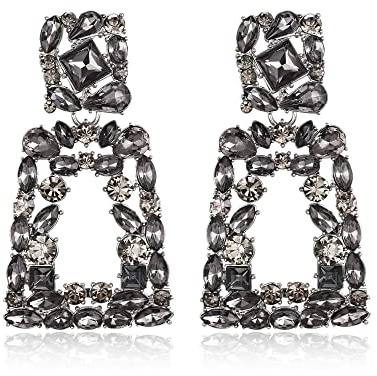 EVER FAITH Pendientes con clip rectangulares para mujer, brillantes cristales de strass, declaración geométrica, pendientes sin perforación, 6.6 cm x 3.7 cm, Cristal