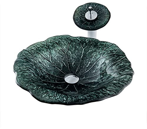 ABNNHK Badezimmer-Waschbecken, Aufsatzwaschbecken aus gehärtetem Glas mit Wasserfall-Wasserhahn und Pop-Up-Ablauf, künstlerisches Waschbecken-Waschschüssel-Set, Grün (Grün) (Blau)
