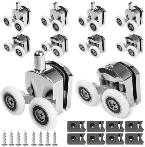 8 PCS Zinc Alloy Shower Glass Door Rollers, 23mm Curved Wheels with Anti-Collision Block