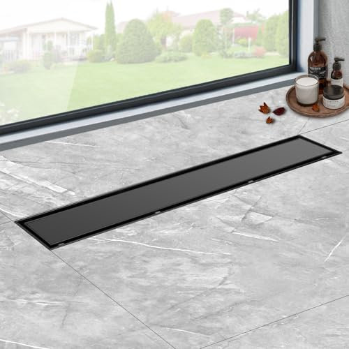 iYueMps Canaleta de Ducha Negro 30 cm,2 en 1 Desagüe de Ducha de acero inoxidable con 360° Sifón Antiolores y Filtro de Pelo, Desague Ducha Lineal