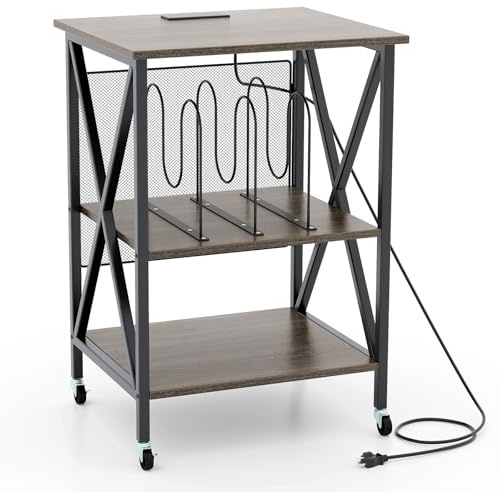 GIANTEX Support de Tourne-Disque avec 2 Prises (USB & Type-C), Table de Rangement pour 250 Disques Vinyles, Style Milieu du Siècle, roulettes Verrouillables, pour Chambre, Salon (Gris)