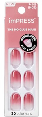KISS imPRESS Press On Nails “Beat The Heat” – Faux ongles autocollants roses courts forme ovale, press on nails sans colle effet gel, manucure instantanée avec 30 faux ongles