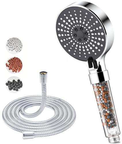 Duschkopf Wassersparend, 5 Strahlarten Duschkopf Regendusche mit Stopptaste, Einhand-Einstellung und Anti-Stau-Silikondüse, Gross Duschbrause Druckerhöhend（Silber）