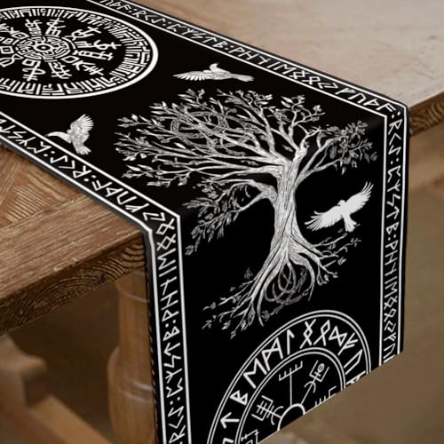 SUPERDANT Camino de mesa grueso vikingo gótico blanco y negro, decoración de mesa árbol de la vida, caminos de poliéster para decoración de cocina, horóscopo de granja, camino para muebles, centro de