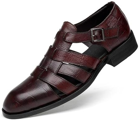 WINDEHAO Sandales romaines en cuir pour homme, coupe large, sandales de gladiateur à bout fermé, confortables, pour l'été, la plage, les vacances, la marche, café, Large