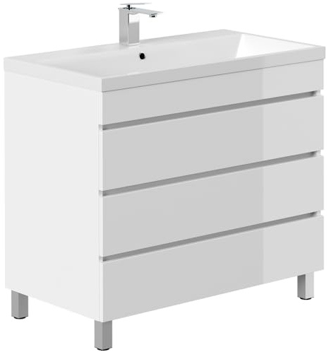 Lomadox Waschtisch 90 cm weiß Hochglanz stehend mit 3 Schubladen