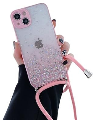 JZFDCLF Custodia per telefono con cordino e collana trasparente con paillettes glitterate per iPhone 16 15 13 14 Pro Max 12 11 XR XS 7 8 Plus, custodia morbida, rosa, per iPhone 13 Mini