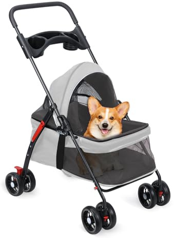 Hundewagen Hundebuggy Hundebox Transporttasche, 10kg Faltbar Klappbar Katzenwagen, Haustiere Buggy mit Getränkehalter, Ablagekorb,Netzfenstern Getränkehalter,für kleine Hunde & Katz (Grau)