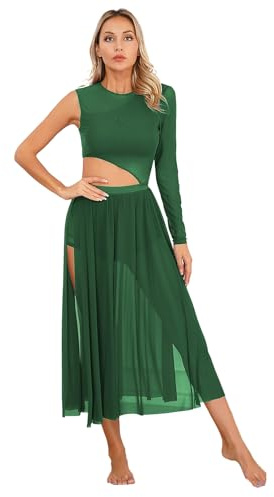 Agoky Damen Latein Tanzkleider Mesh Spleiß Ballettanzug Cut-Outs Ballett Trikot mit Langem Ballettrock Seitenschlitz Modern Walzer Kleider