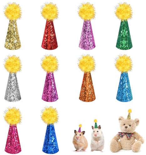 Hund-Geburtstagsmütze, 10 Stück Mini-Partyhüte für Stofftiere Bunte Glitzer-Hunde-Katzen-Mütze mit verstellbarem Riemen für kleine Tiere Kinder & Plüsch-Teddys (6cm*2cm (Für Stofftiere))