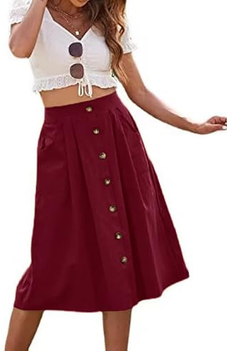 Basicspace Midi-Röcke für Damen Mit Hoher Elastischer Taille Faltenrock A-Linie Midi-Rock Casual Knopf Vorne Ausgestellte Röcke Mit Taschen(L,Tiefrot)