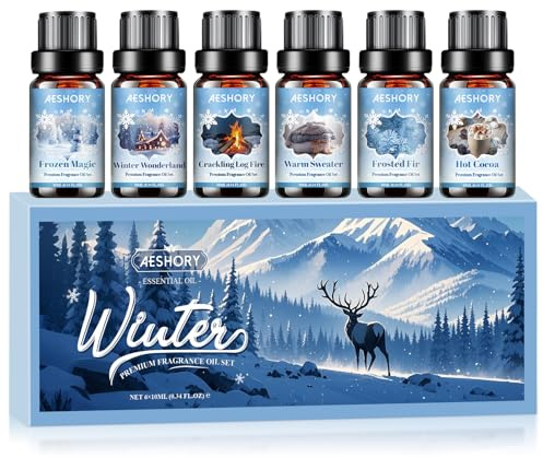 AESHORY Set di Oli Essenziali per Diffusori Invernali 6 x 10ML, Olio Essenziale Naturali Puri Profumate per Aromaterapia, Fabbricazione di Candele, Profumo Casa, Regali di Natale