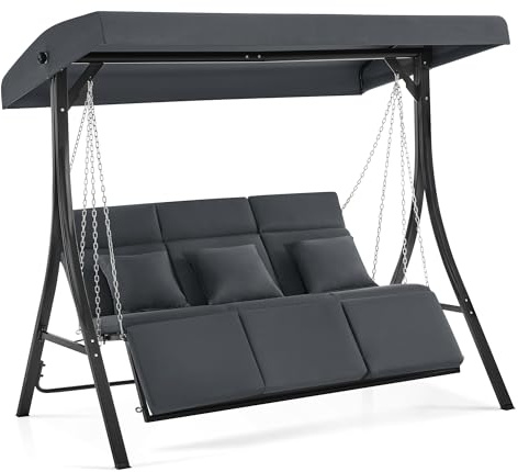 M MCombo Hollywoodschaukel mit Liegefunktion 8018, Gartenschaukel 3 Sitzer Wetterfest, Outdoor, Schaukelbank mit Metallketten, Verstellbarem Dach, 123 * 194 * 169 cm, 8018 (Dunkelgrau)