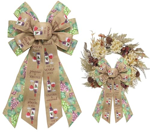 ALIBBON Large Wine Bow for Wreaths, Fall Fruits Grapes Wreath Bow, Vintage Wine Ribbon Bows for Front Door, Kitchen Farmhouse Decor Tree Topper Bows for Indoor Outdoor Home Holiday Decorations