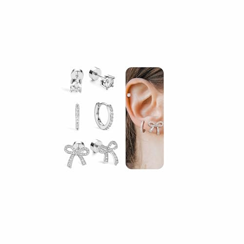 BodyBonita 3 Paia Arco Orecchini a Cerchio Donna - Placcato Argento S925 Piercing Orecchio Perno con Chiusura Piatta Orecchini a Cerchio Placcati Oro 14K/Color Argento con Pendente CZ