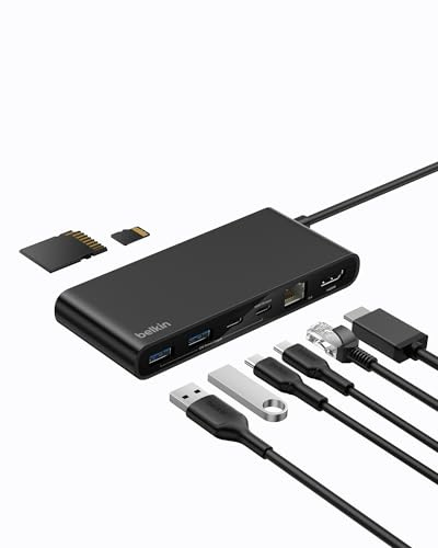 Belkin Connect 8-in-1 USB C Hub, Bildschirmauflösungen bis zu 4K bei 60 Hz – geeignet für Mac-, Windows- und Chromebook-Laptops; 100 W PD; Datentransfer mit 10 Gbit/s; 2,5-Gbit/s Ethernet – Schwarz