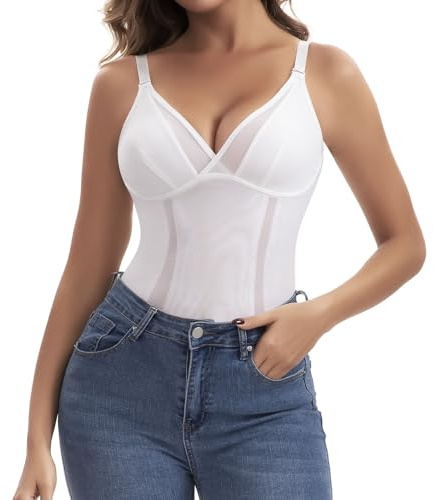 Joyshaper Damen Unterhemden mit V Ausschnitt Bauchkontrolle Shapewear Tank Top Bauchweg Body Shaper Sommer Mesh Camisole Trägertop, Weiß, XL
