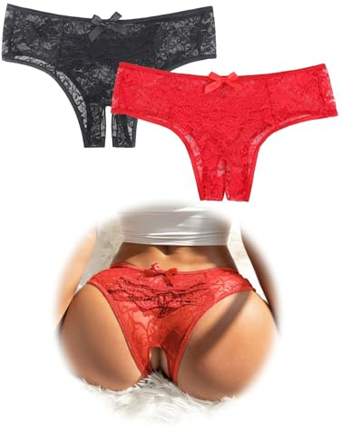 ohmydear String Tanga Femme Sexy Chic Ouverte Dentelle Lot de 2 | Culottes et Slips, Tenue Hot Lingerie, Transparent, Respirant, Court Panties, Florale Sous-Vêtements