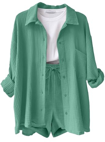Joligiao Conjuntos Mujer Verano Casual Dos Piezas Pantalon Cortos y Blusa Elegante Conjunto Lino Chándal Camisa Manga Larga Conjunto de Verano Ropa de Playa Chandal con Bolsillos(Verde claro,M)