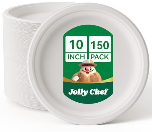 JOLLY CHEF Zuckerrohrteller Kompostierbare 10 Zoll, 150 Stück Weiße | Biologisch Abbaubare Bagasse-Platten aus Natürlichem Zuckerrohr, Robuste Einwegplatten Ideal Für Partys