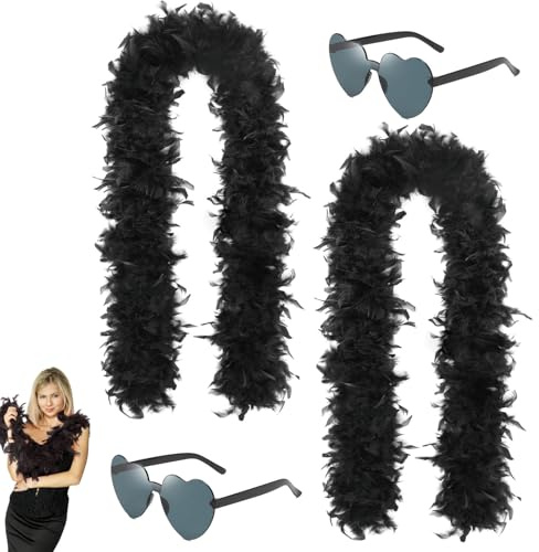 RQcMid 2 Stück Federboa Schwarz, 2 m, 60 g, Schwarze Federn Mit 2 Herz Sonnenbrille, Federboa Für Halloween Party, Karneval, Fotoshooting, Hochzeit, Bühnenperformance