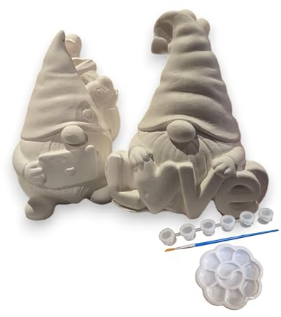 Paint Your Own Gnome Figurine Set, Plaster of Paris, with 6 Colours and Brush, 2 Piece Set, Garden Gnomes to Paint, Ready Pottery, Gnome Gifts, 11.2 cm Tall, Love Themed Gnomes
