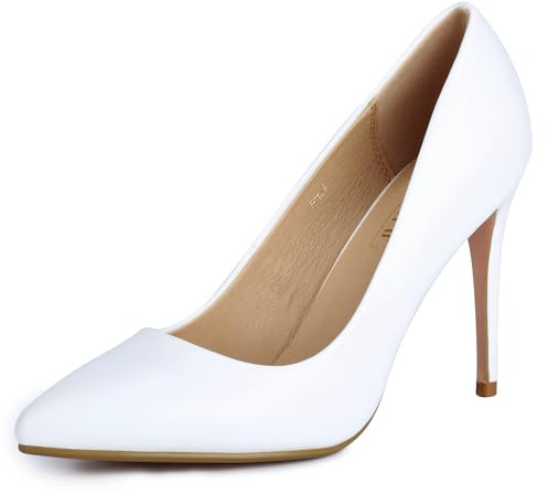 IDIFU Women's IN4 Classic Pointed Toe High Heels Pumps Wedding Dress Office Shoes (White PU, 9 B(M) US)