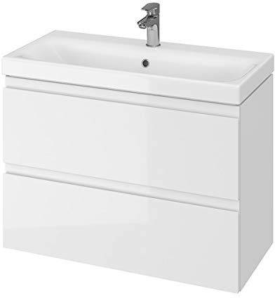 VBChome Badmöbel Weiß 80 cm Slim Waschbecken mit Unterschrank Waschtisch 2-Schubladen Moduo Waschbeckenunterschrank Badezimmerschrank Badschrank