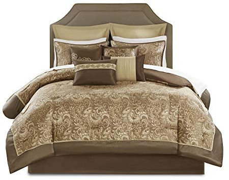 Madison Park Essentials Brystol 24 Piece Room in a Bag Faux Silk Comforter Jacquard Paisley Design Matching Curtains Down Alternative Hypoallergenic All Season Bedding-Set, Queen(90x90), Brown
