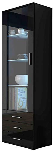 Vitrine mit Blauer LED Beleuchtung SOHO S1 Vitrinenschrank Standvitrine Stauraumvitrine Glasvitrine Schrank Wohnzimmerschran (Schwarz/Schwarz Hochglanz)