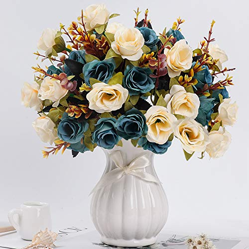 LESING Fleurs artificielles avec Vase - Roses artificielles en Soie - Bouquets de Fleurs de Mariage, Maison, Bureau, fête, Salle de réunion (Bleu-1)