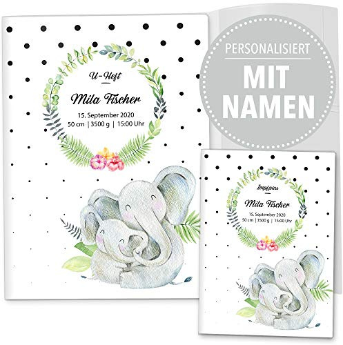 OLGS U-Heft und Impfpasshülle Set 3-teilig | Mommy Love Dots | Hüllen für Untersuchungsheft & Impfpass | Geschenkidee mit Namen des Kindes (Uhefthülle, Impfpasshülle personalisiert, Elefantenliebe)