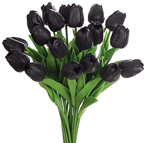 huaao Bouquet di tulipani Artificiali in Lattice Fiore Finto tulipani di Tocco Reale Decorazione Festa Matrimonio Party Room, Nero 24pcs