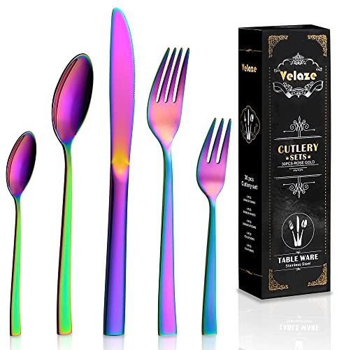 Velaze 30-teilige Besteck Set, Besteckset 6 Personen, Essbesteck Set aus Premium-Edelstahl 18/10, inkl. 6* Essmesser / Esslöffel / Essgabel / Kuchengabel / Teelöffel, Spiegelpoliert & Rostfrei - Bunt, VFW-D30C-DE