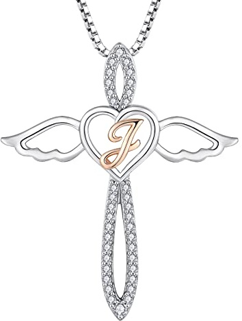 FJ Buchstabe Kette Anhänger Damen 925 Sterling Silber Schutzengel Halskette Initiale Alphabet Personalisierte Kette mit Zirkonia Schmuck Geschenke für Frauen Mädchen