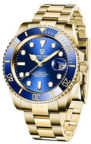 Herren armbanduhren Pagani Design Herrenuhren Automatik Mechanisch Analog Datum Edelstahl Golduhr 100M Taucheruhr Keramiklünette Synthetisches Saphirglas (Goldenes Blau)…
