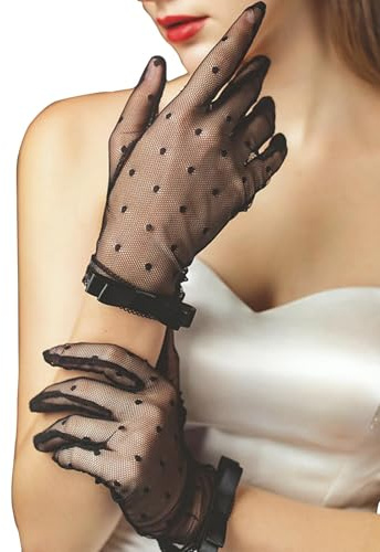Acenail White Short Gloves Women’s Wedding Gloves Sheer Floral Tea Party Gloves 20s Evening Opera Gloves Bridal Gloves