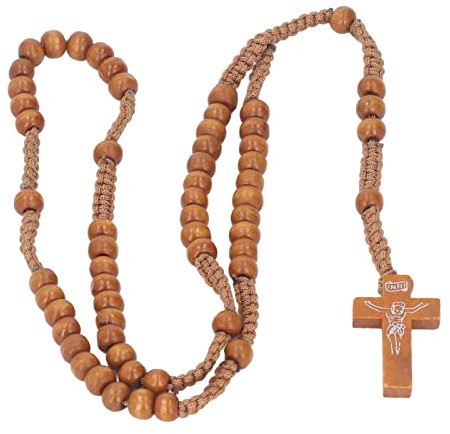10 Stück Rosenkranz aus Holz, Katholischer Rosenkranz, Natürliche Holzperlen, Halskette, Kreuz, Kruzifix, Katholisches Gebet, Jesus, (Hellbraun)