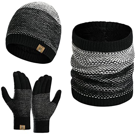 INSISMY Herren Mütze und Handschuhe Set mit Schal für Herren, Strickmütze, Touchscreen-Handschuhe und Halswärmer mit dickem Fleece gefüttert für Herren