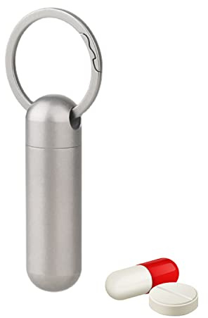 AMZCOM Mini Pillendose Schlüsselanhänger Titan, Wasserdicht Täglich Tablettenbox EDC Kapsel Tragbar Reise Outdoor Tablettendose für Unterwegs, Notfall Erste Hilfe Pillenbox